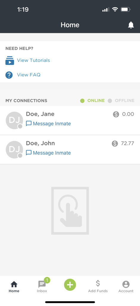 HomeWAV app home screen displaying inmate connections, messages, and account funds.
