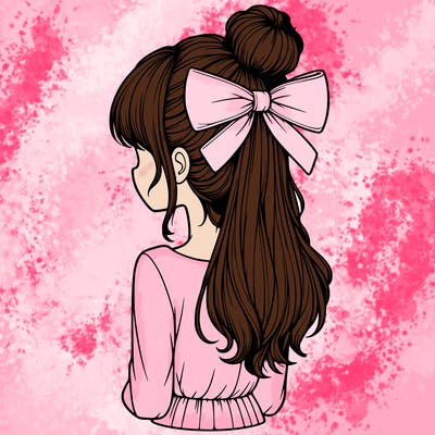 realistic girl  with hip length hair a bun and a big bow on the back of head