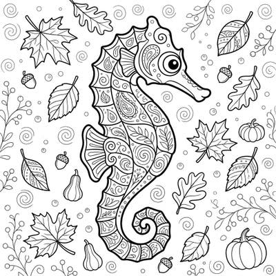 Immerse yourself in the magic of fall with this exquisite coloring page featuring a beautifully patterned painted seahorse. Surrounded by intricate autumn leaves, acorns, and pumpkins, this design offers a unique blend of marine fantasy and seasonal charm for all ages.