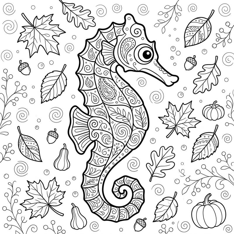 Immerse yourself in the magic of fall with this exquisite coloring page featuring a beautifully patterned painted seahorse. Surrounded by intricate autumn leaves, acorns, and pumpkins, this design offers a unique blend of marine fantasy and seasonal charm for all ages.