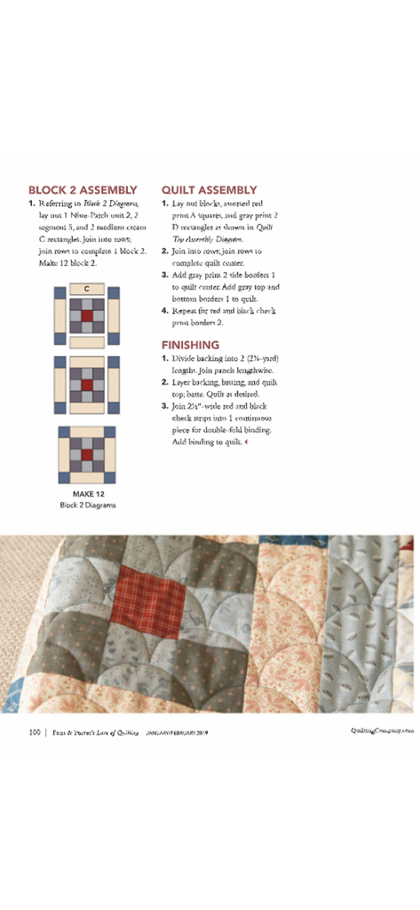 Detailed quilt block assembly instructions and diagrams from the Love of Quilting Magazine app.