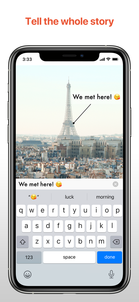 This: Easy Photo Labels - A screenshot of the This app on an iPhone showing a pointer and text label on a photo of the Eiffel Tower.