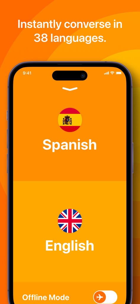 Interface of iTranslate Converse app on an iPhone showing Spanish and English voice translation options.