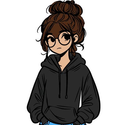 teen girl with a messy bun and glasses wearing a loose hoodie and jeans