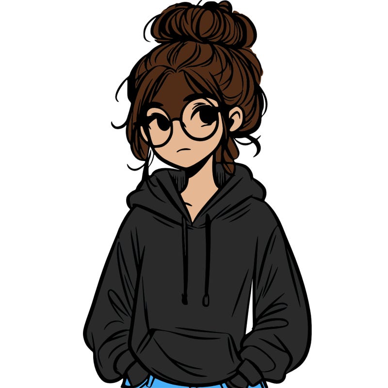 teen girl with a messy bun and glasses wearing a loose hoodie and jeans