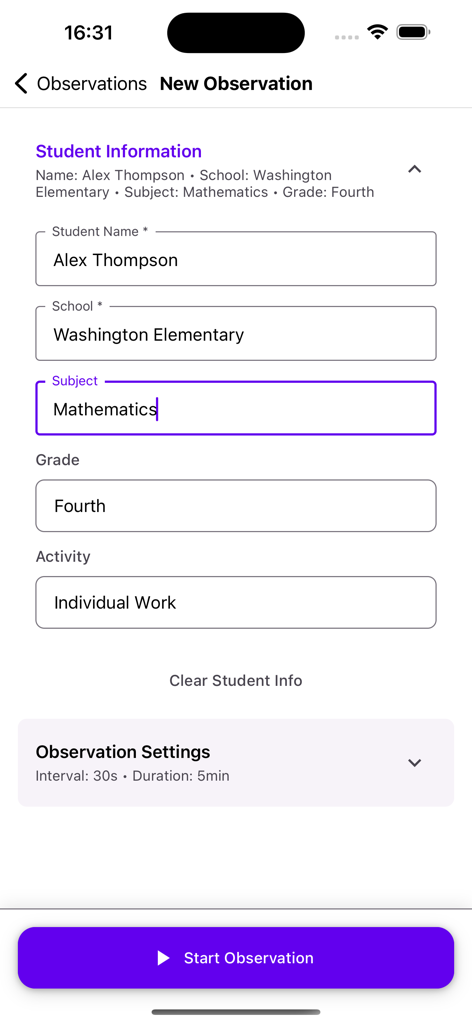 Behavior Observation: BOSS - New observation setup screen showing student information fields