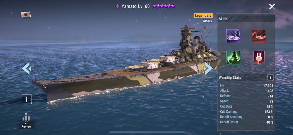 Armada: Warships Legends - Legendary Yamato battleship profile showing stats and skills in Armada Warships Legends