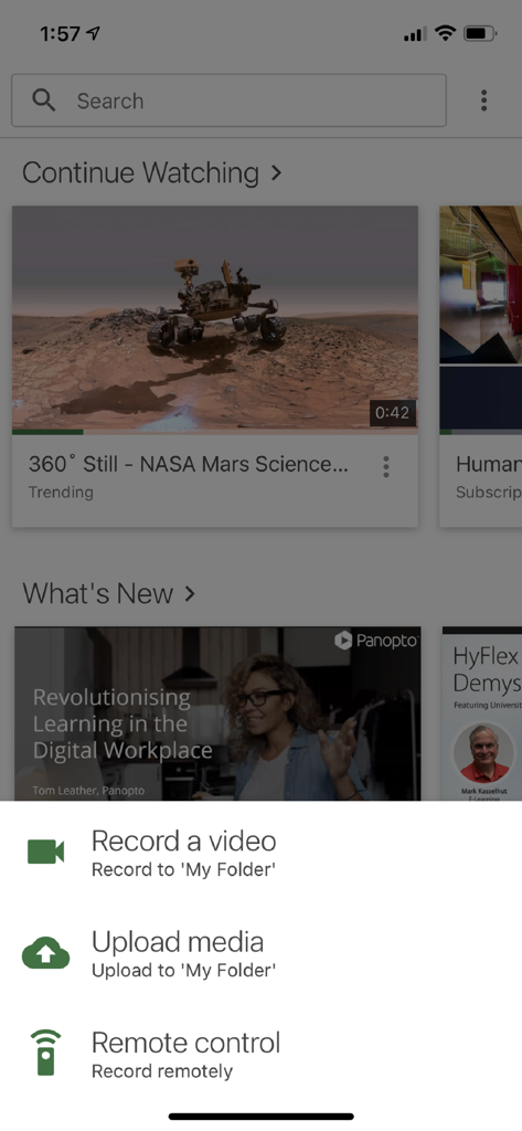 Panopto - Écran d'accueil de l'application Panopto avec le menu des options d'enregistrement et de téléchargement de vidéos