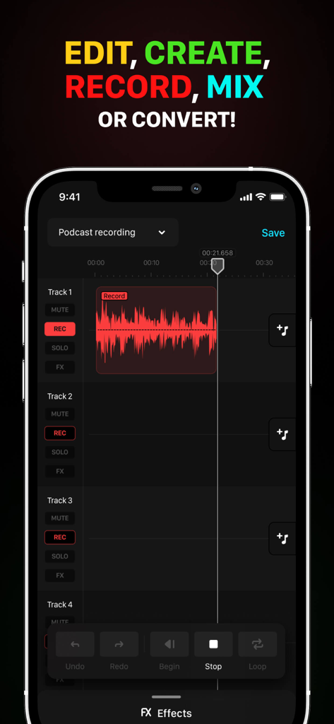 Audio One: Multitrack Editor - Interface de l'éditeur multitrack Audio One montrant une forme d'onde d'enregistrement de podcast sur iPhone