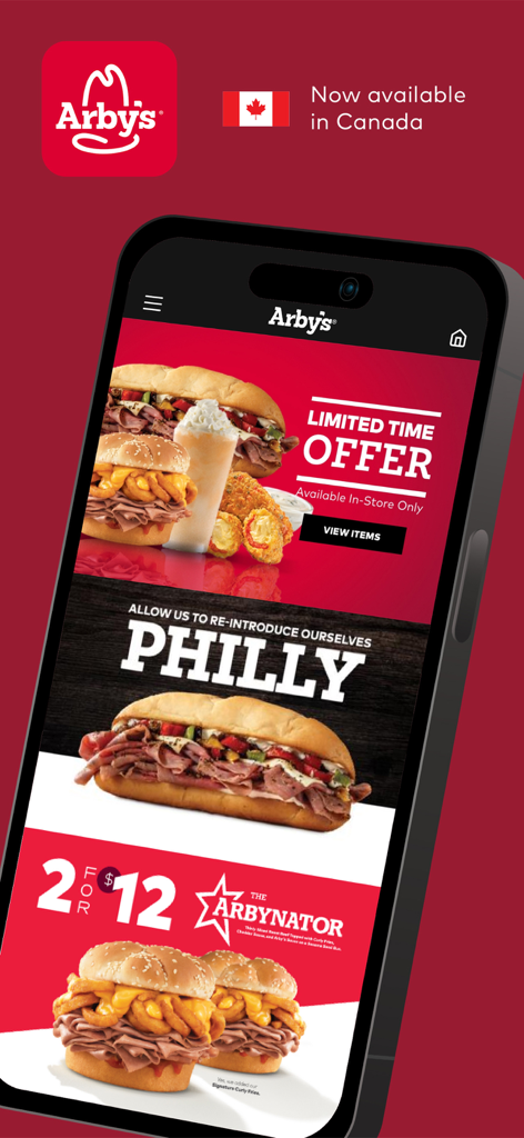 Arby's NON-US - Arbys mobile app interface showing limited time offers and menu items in Canada