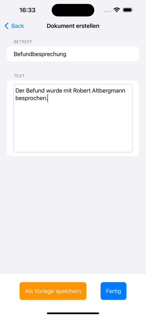 Bildschirm zur Eingabe klinischer Notizen in der mobilen DENStext-App für Zahnärzte
