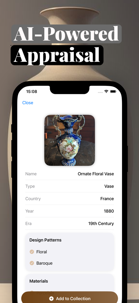 Antique Identifier: AI Scan - Pantalla de smartphone que muestra una tasación impulsada por IA de un jarrón floral antiguo que incluye detalles de origen y época.
