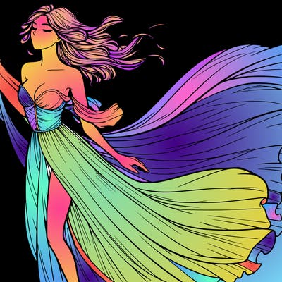 realistic woman in dress flowing the the wind