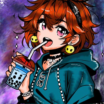 hot baddie anime girl drinking boba and biting the straw