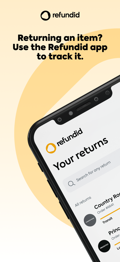 A mobile phone screen displaying the Refundid app interface for tracking online shopping returns