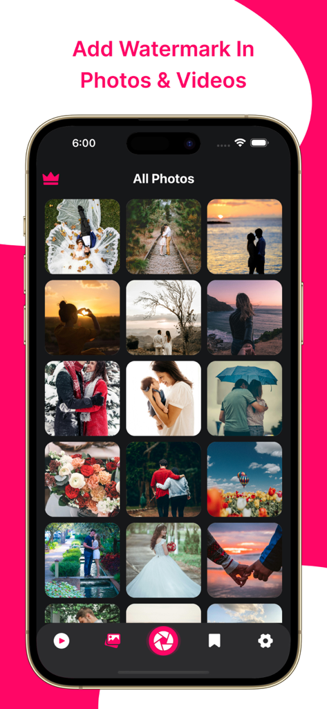Add Watermark : Photo & Video - Photo gallery interface of the Add Watermark app on an iPhone