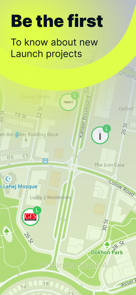 GenieMap - quick estate search - An interactive map view from the GenieMap app showing new real estate launch projects in Dubai with descriptive property markers