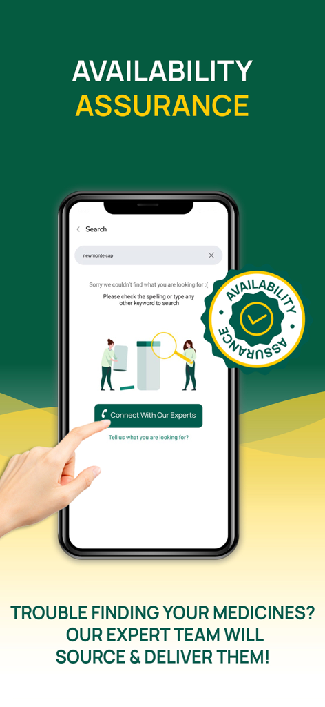 Tela de smartphone do aplicativo Wellness Forever mostrando o recurso de garantia de disponibilidade para encontrar medicamentos de difícil acesso