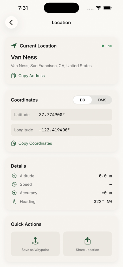 Waypointer - GPS Compass - Screen displaying current GPS coordinates and location details in the Waypointer app.