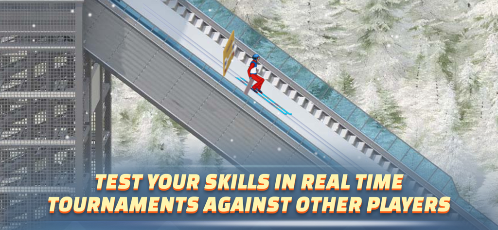 Ein Skispringer auf einer Rampe in einem verschneiten Wald während eines Turnierwettbewerbs