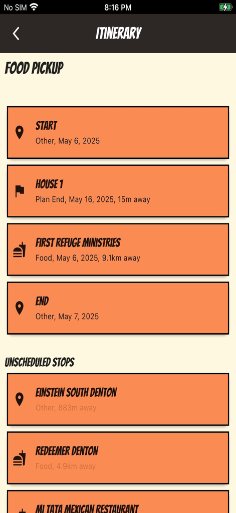 Pantalla de itinerario de la aplicación Overlander que muestra paradas planificadas y ubicaciones no programadas