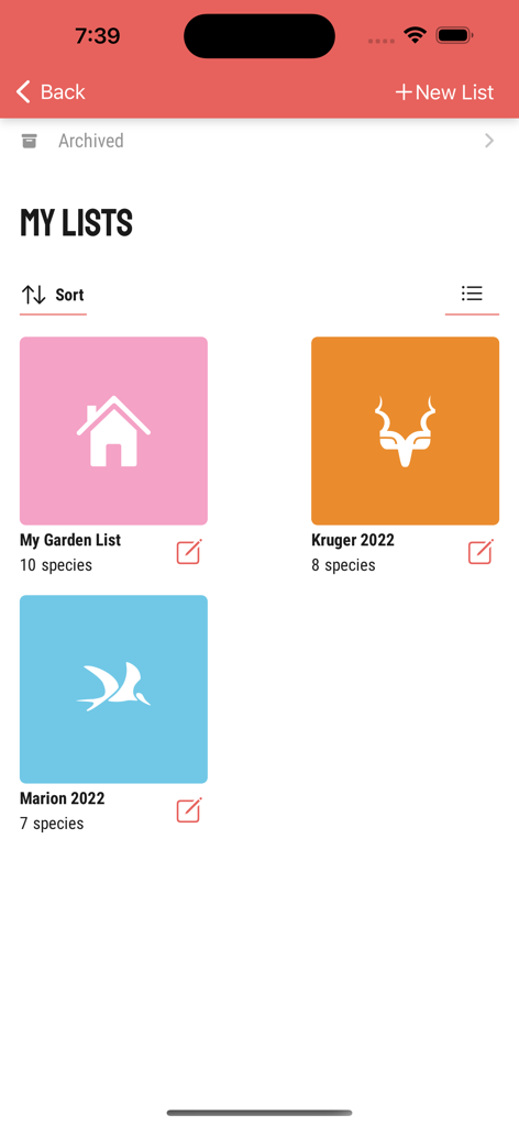 Firefinch - A screen in the Firefinch app titled My Lists showing birding checklists for My Garden List, Kruger 2022, and Marion 2022.