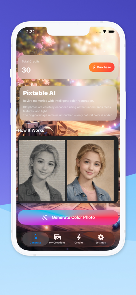 Pantalla de la aplicación Pixtable AI con ejemplo de foto antes y después de la restauración