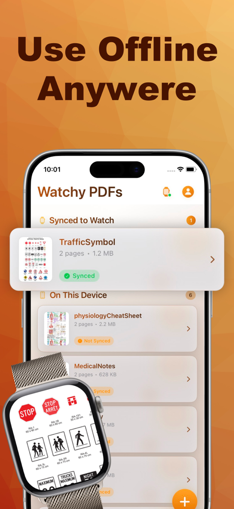 PDF Watch Viewer App by Watchy - iPhone and Apple Watch screens showing synced PDF files for offline viewing.