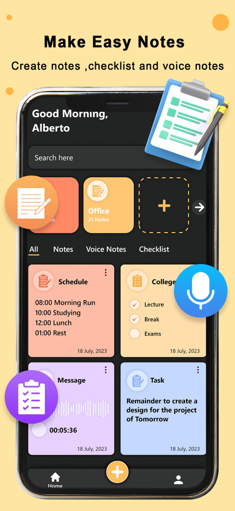 My Notes: Diary, Voice & Memos - Interface mobile de l'application My Notes montrant un tableau de bord coloré avec des sections pour le programme, les notes de collège, les messages vocaux et les tâches