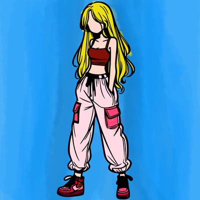 girl in baggy pants crop top and long hair
