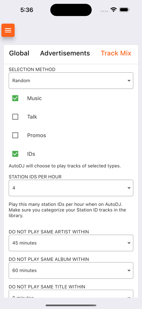 Paramètres de mixage de pistes AutoDJ dans l'application Live365 Broadcaster pour gérer la rotation des chansons et les identifiants de station