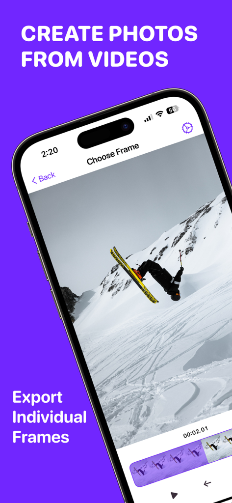 iPhone showing Frame Grabber app exporting a high quality photo of a skier from a video clip