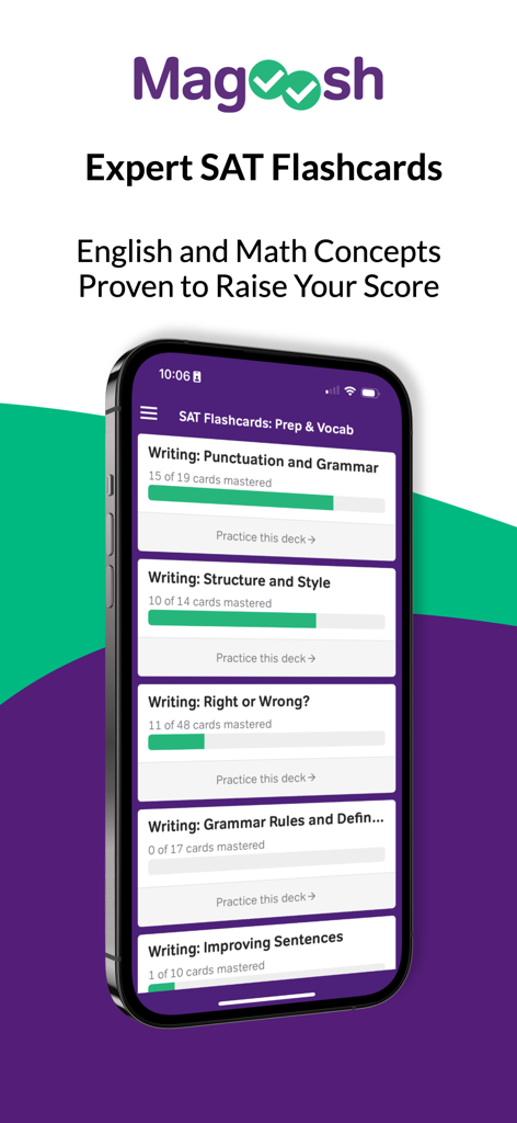 SAT Flashcards: Prep & Vocab - Interfaz de la aplicación Magoosh SAT Flashcards mostrando el progreso de estudio para varias barajas de escritura y gramática