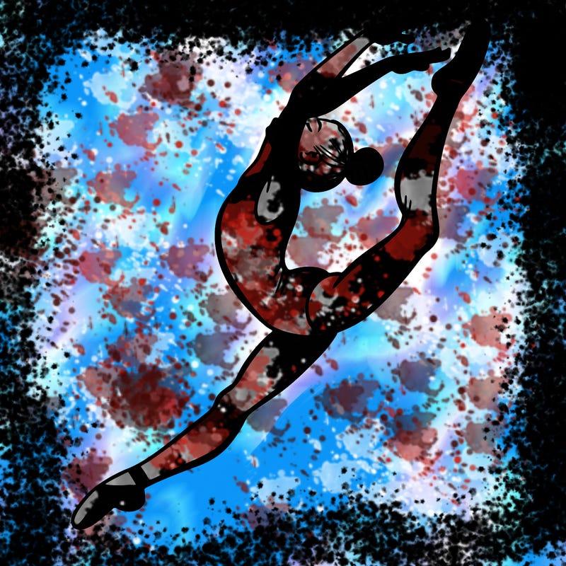 gymnast doing a leap in a leotard with a bent back leg