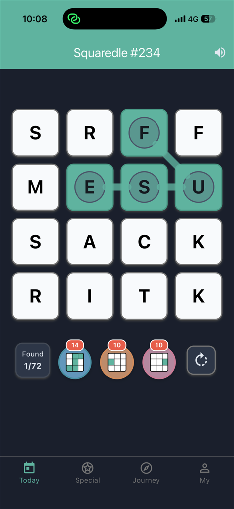 Squaredle - Ein Screenshot der Squaredle-Mobil-App, der ein 4x4-Buchstabenraster mit verbundenen Buchstaben zur Bildung eines Wortes in einer sauberen, minimalistischen Oberfläche zeigt