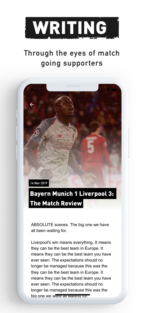 Captura de pantalla de la aplicación The Anfield Wrap que muestra un artículo de revisión de partido para un partido de fútbol del Liverpool