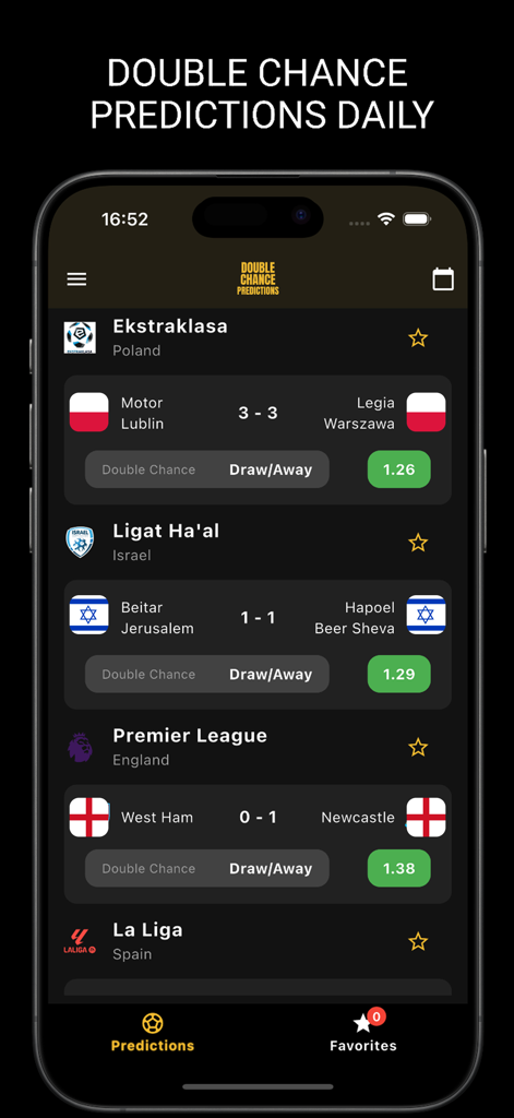 Double Chance Predictions - Interface of Double Chance Predictions app showing football match tips for various leagues