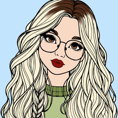girl with long hair and freckles and glasses realistic