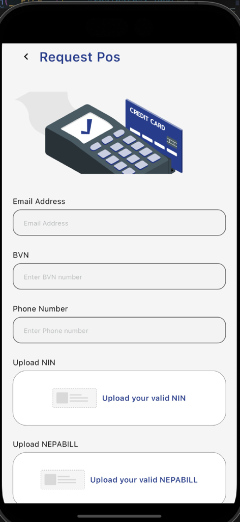 FastPay App - FastPay App Bildschirm zur Anforderung eines POS-Terminals mit Formularfeldern für Identifikation und Dokumenten-Uploads