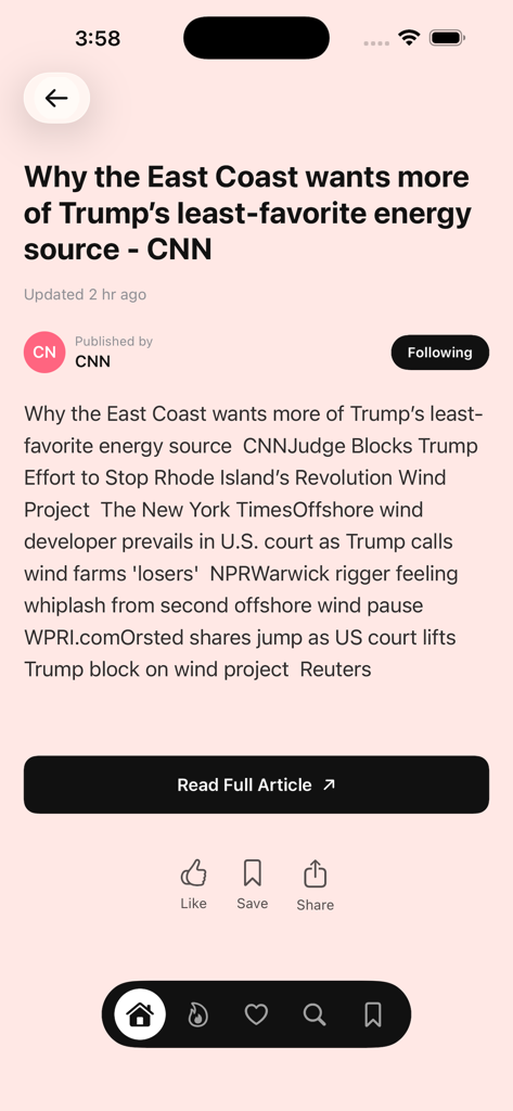 US Breaking News Alerts - A mobile screen showing a CNN news article summary about offshore wind energy on the US Breaking News Alerts app.