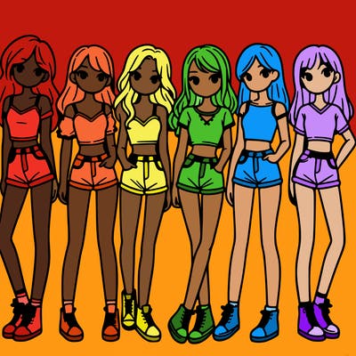 a group of girls wearing crop tops and shorts