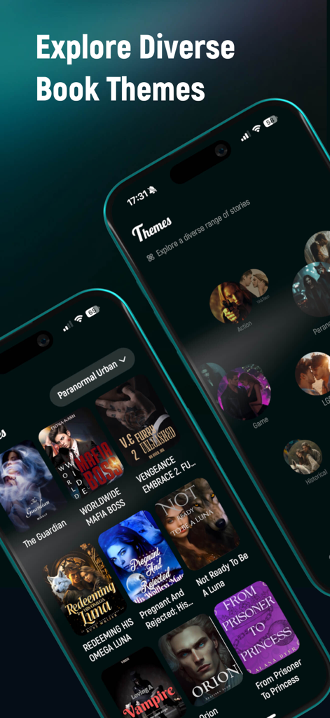 LunaLit-Novel Oasis - Interface do aplicativo LunaLit mostrando diversos temas de livros e capas de romances paranormais em modo escuro.