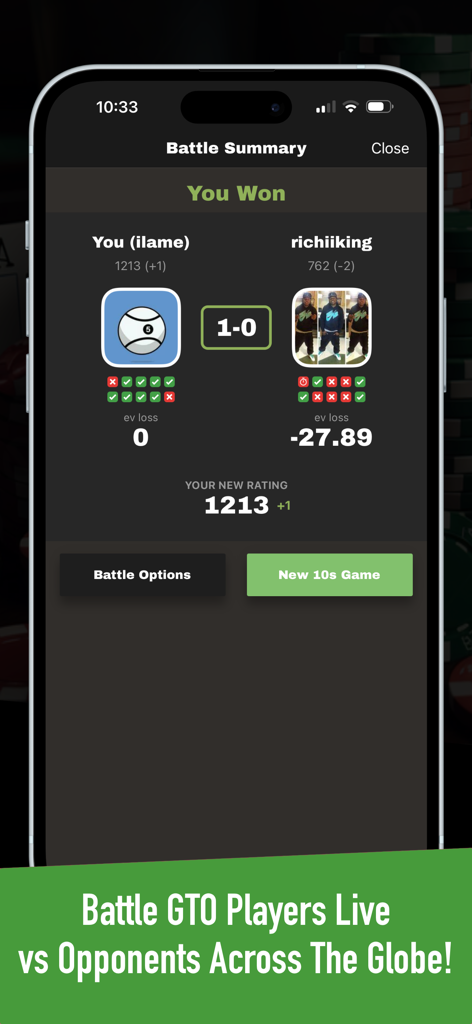 GTO Battle+ : Poker Puzzles! - Resumen de victoria de la aplicación de póker GTO Battle plus mostrando una partida ganada y estadísticas de rendimiento