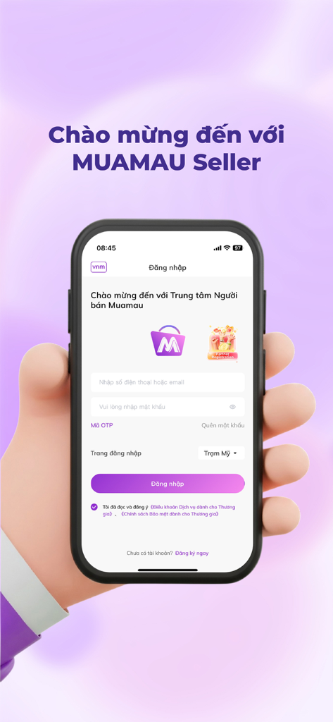 Muamau Seller mobile app login screen for cross border ecommerce management