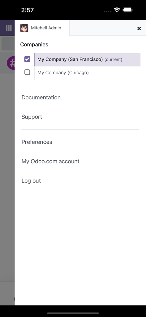 Odoo Mobile App Wrapper - Menu profilo utente e selezione azienda in Odoo Mobile App Wrapper