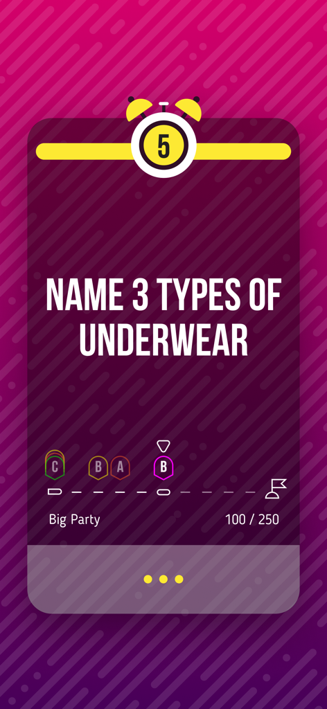 A screenshot of the 5 Second Rule app asking players to name three types of underwear within a five second time limit