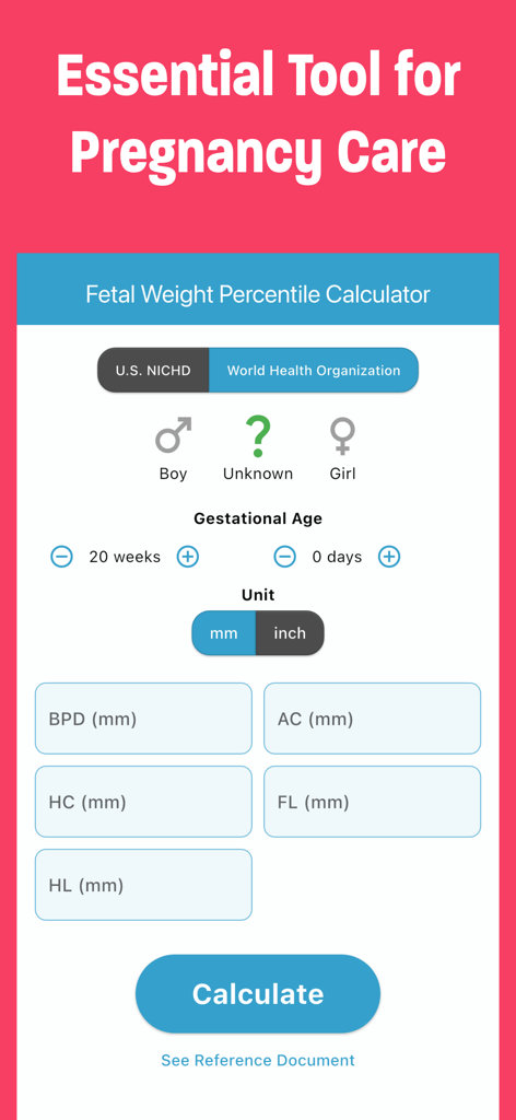 Oberfläche der Fötalgewicht-Rechner-App mit Eingabefeldern für BPD, AC, HC und FL.