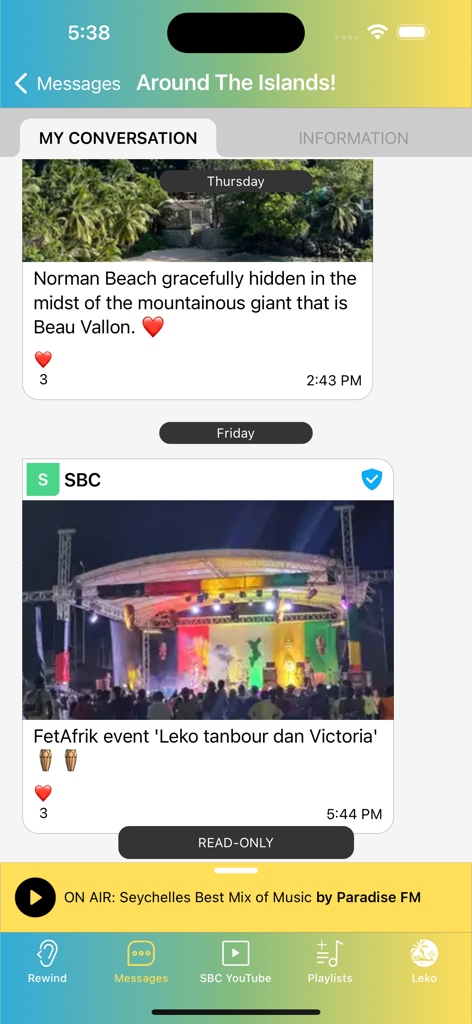SBC Radio - SBC Radio app community message feed showing Seychelles news and cultural events