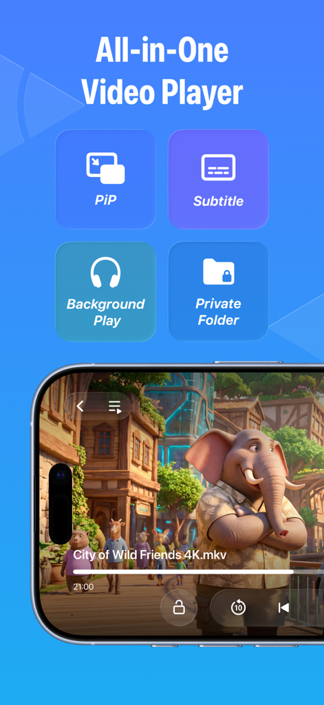 Video Player - Arc Player - Arc Player app interface on iPhone showing features like picture in picture subtitles background play and private folder