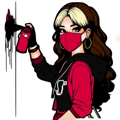 realistic girl with mask spray painting a wall